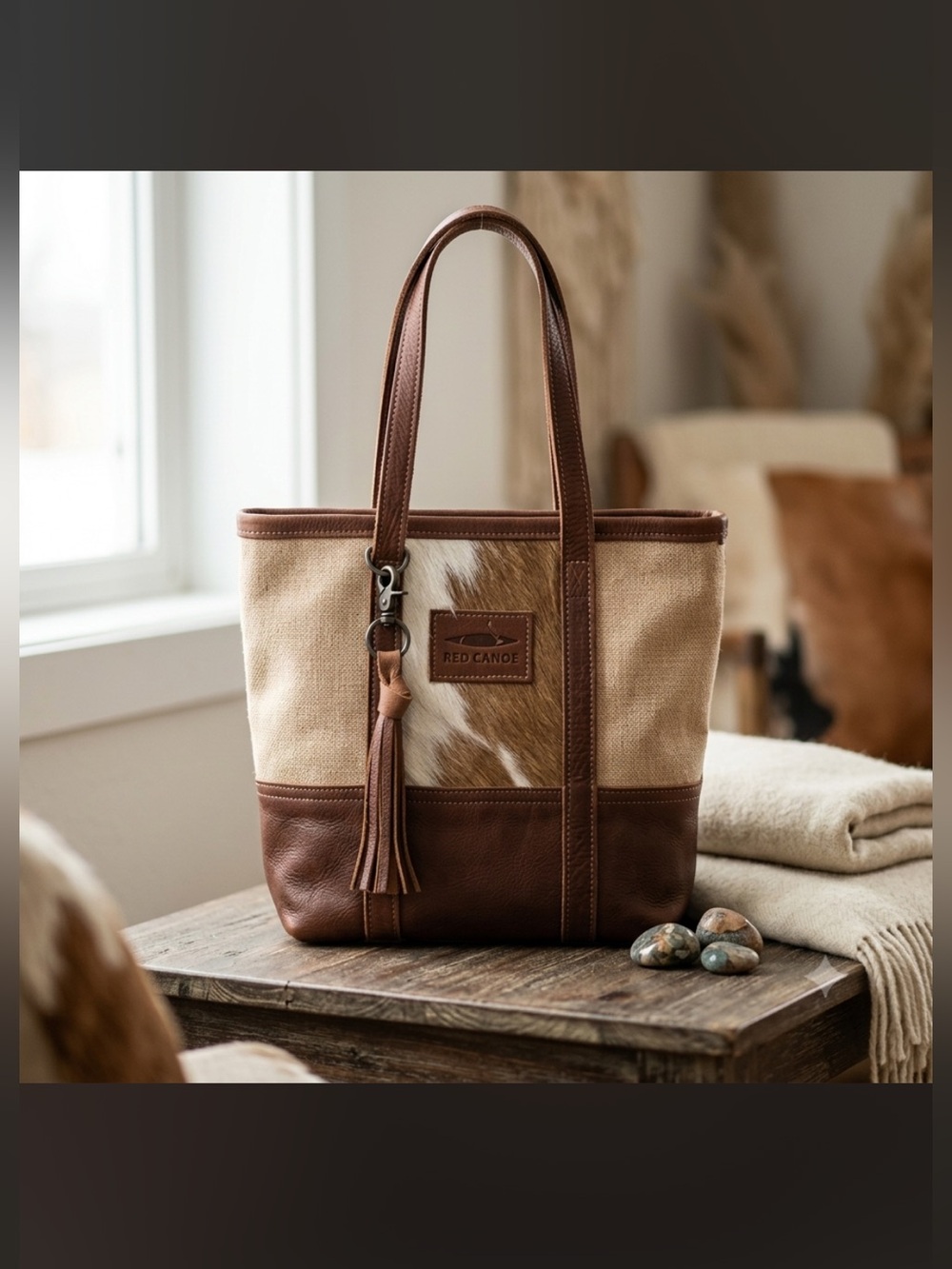 Large leather beautifully crafted Leather Cowhide Canoe purse‎ Tote 13.5x12.5"
